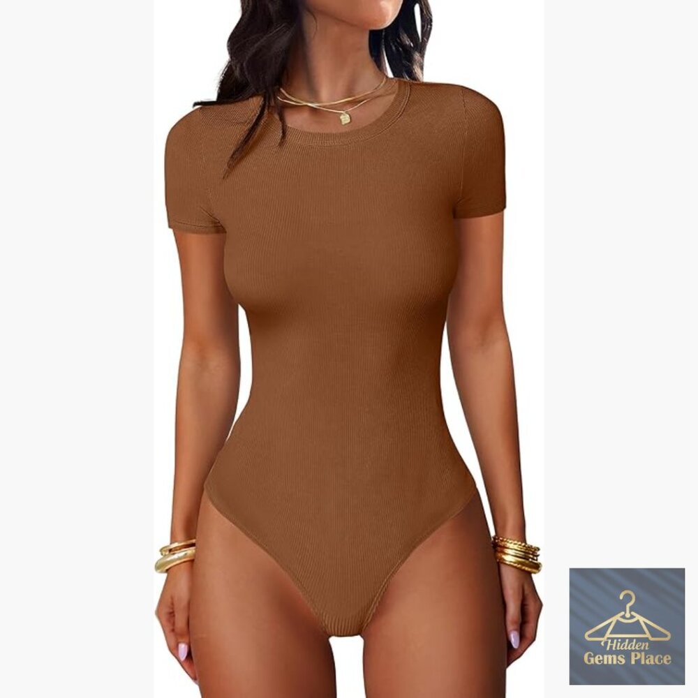 Short Sleeve Crew Neck Bodysuit Slim Fit Ribbed Knit Tee Shirt